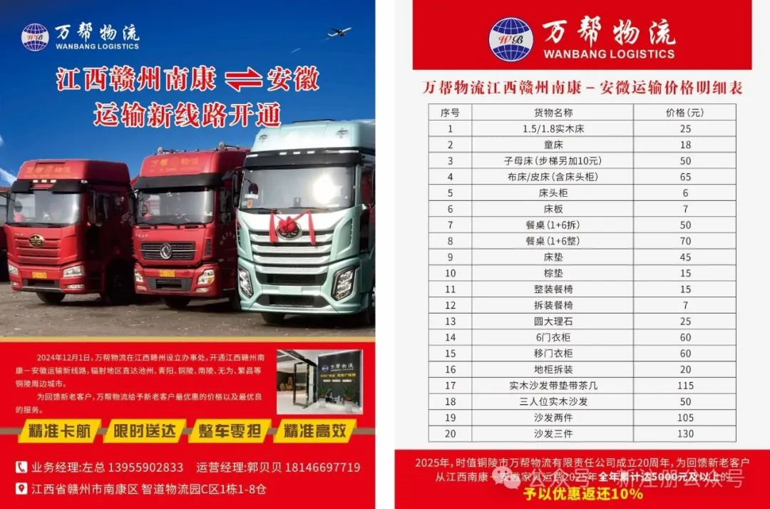 銅陵市萬(wàn)幫物流有限責(zé)任公司江西贛州南康-安徽運(yùn)輸新線路”